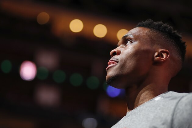 HOUSTON, TEXAS - MARCH 08: Russell Westbrook #0 of the Houston Rockets reacts prior to the game against the Orlando Magic at Toyota Center on March 08, 2020 in Houston, Texas.  NOTE TO USER: User expressly acknowledges and agrees that, by downloading and or using this photograph, User is consenting to the terms and conditions of the Getty Images License Agreement. (Photo by Tim Warner/Getty Images)