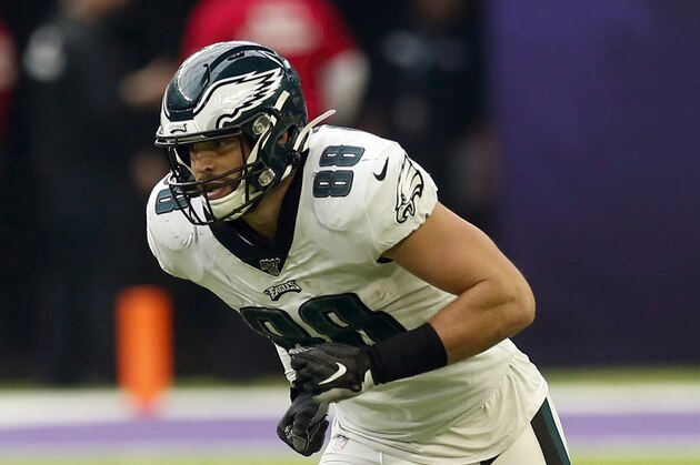 Philadelphia Eagles tight end Dallas Goedert gets set during the first half of an NFL football game against the Minnesota Vikings,, Sunday, Oct. 13, 2019, in Minneapolis. (AP Photo/Jim Mone)