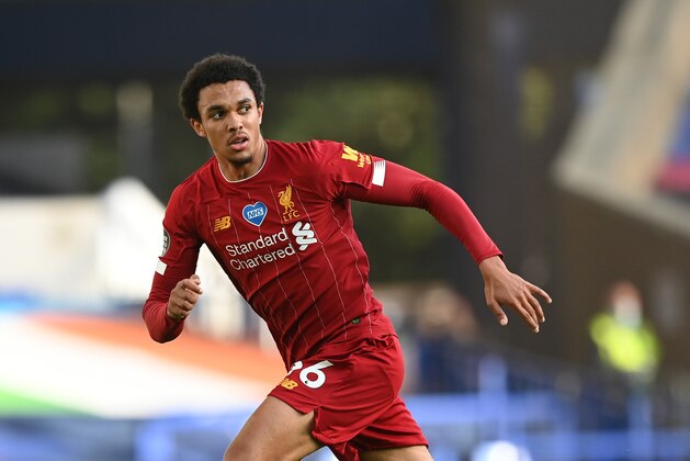 LIVERPOOL, ENGLAND - JUNE 21: Trent Alexander-Arnold of Liverpool runs with ball during the Premier League match between Everton FC and Liverpool FC at Goodison Park on June 21, 2020 in Liverpool, England. (Photo by Shaun Botterill/Getty Images)