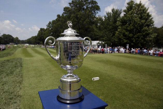 The Wanamaker Trophy is seen during the first round of the PGA Championship golf tournament at Bellerive Country Club, Thursday, Aug. 9, 2018, in St. Louis. (AP Photo/Brynn Anderson)