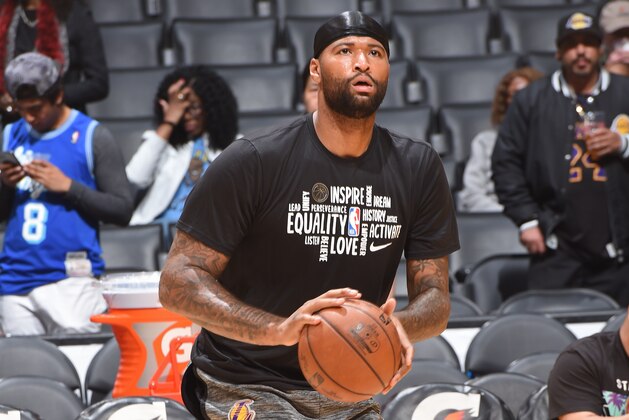 LOS ANGELES, CA - FEBRUARY 21: DeMarcus Cousins #15 of the Los Angeles Lakers warms up before the game against the Memphis Grizzlies on February 21, 2020 at STAPLES Center in Los Angeles, California. NOTE TO USER: User expressly acknowledges and agrees that, by downloading and/or using this Photograph, user is consenting to the terms and conditions of the Getty Images License Agreement. Mandatory Copyright Notice: Copyright 2020 NBAE (Photo by Andrew D. Bernstein/NBAE via Getty Images)