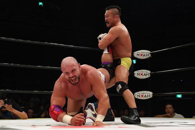 TOKYO, JAPAN - NOVEMBER 02: Takashi Sugiura and Michael Elgin compete during the Pro-Wrestling NOAH 'NOAH The Best 2019' at Ryogoku Kokugikan on November 02, 2019 in Tokyo, Japan. (Photo by Etsuo Hara/Getty Images)