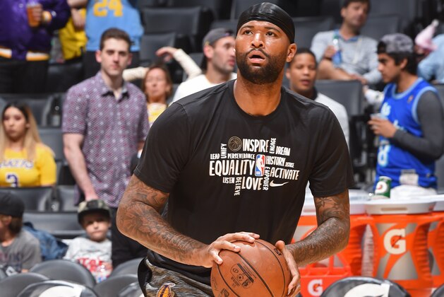 LOS ANGELES, CA - FEBRUARY 21: DeMarcus Cousins #15 of the Los Angeles Lakers warms up before the game against the Memphis Grizzlies on February 21, 2020 at STAPLES Center in Los Angeles, California. NOTE TO USER: User expressly acknowledges and agrees that, by downloading and/or using this Photograph, user is consenting to the terms and conditions of the Getty Images License Agreement. Mandatory Copyright Notice: Copyright 2020 NBAE (Photo by Andrew D. Bernstein/NBAE via Getty Images)