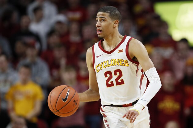 Iowa State guard Tyrese Haliburton drives up court during the first half of an NCAA college basketball game against Oklahoma State, Tuesday, Jan. 21, 2020, in Ames, Iowa. (AP Photo/Charlie Neibergall)