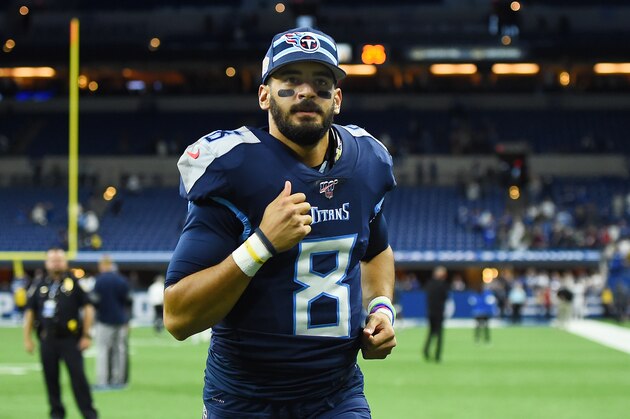 INDIANAPOLIS, INDIANA - DECEMBER 01:  Marcus Mariota #8 of the Tennessee Titans leaves the field following a game against the Indianapolis Colts at Lucas Oil Stadium on December 01, 2019 in Indianapolis, Indiana. (Photo by Stacy Revere/Getty Images)