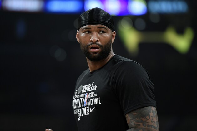 LOS ANGELES, CA - FEBRUARY 21: DeMarcus Cousins #15 of the Los Angeles Lakers works out prior to the start of a basketball game against the Memphis Grizzlies at Staples Center on February 21, 2020 in Los Angeles, California. NOTE TO USER: User expressly acknowledges and agrees that, by downloading and or using this photograph, User is consenting to the terms and conditions of the Getty Images License Agreement. (Photo by Kevork Djansezian/Getty Images)