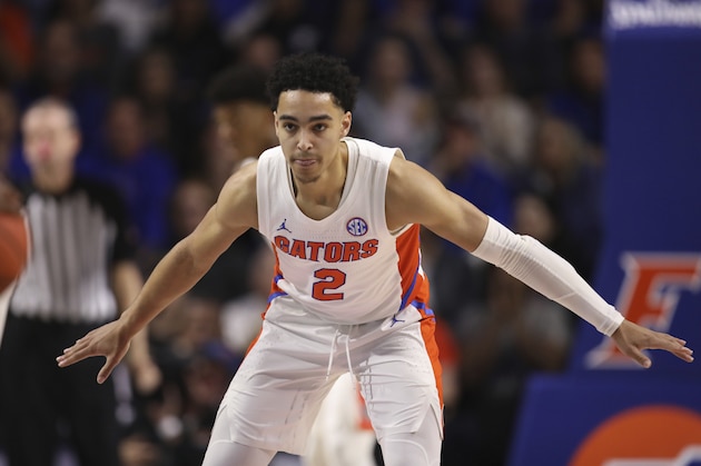Florida guard Andrew Nembhard (2) plays defense against Baylor during the first half of an NCAA college basketball game Saturday, Jan. 25, 2020, in Gainesville, Fla. (AP Photo/Matt Stamey)