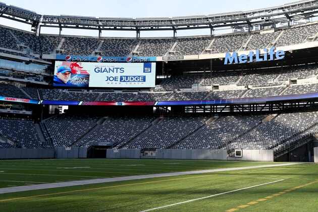 EAST RUTHERFORD, NJ - JANUARY 09: A video display board welcomes Joe Judge as the new head coach of the New York Giants during a news conference at MetLife Stadium on January 9, 2020 in East Rutherford, New Jersey. (Photo by Rich Schultz/Getty Images)