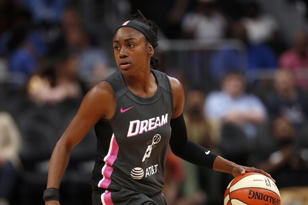 Atlanta Dream guard Tiffany Hayes (15) looks to pass in the first half of a WNBA basketball game against the Chicago Sky Tuesday, Aug. 20, 2019, in Atlanta. (AP Photo/John Bazemore) Atlanta Dream guard Tiffany Hayes (15) looks to pass in the first half of a WNBA basketball game against the Chicago Sky Tuesday, Aug. 20, 2019, in Atlanta. (AP Photo/John Bazemore)