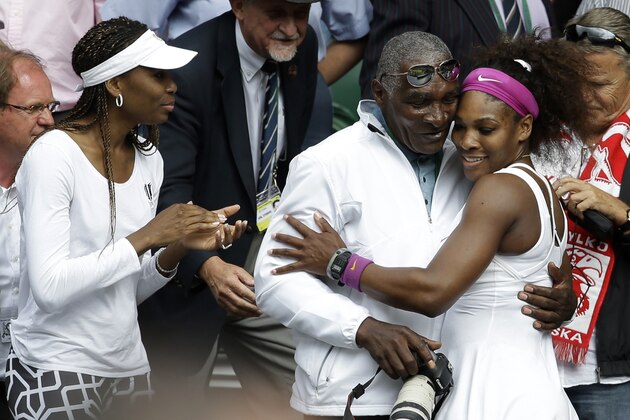 Serena Williams of the United States, right, embraces her father Richard Williams, center, as her sister Venus looks on, after she defeated Agnieszka Radwanska of Poland to win the women's final match at the All England Lawn Tennis Championships at Wimbledon, England, Saturday, July 7, 2012. (AP Photo/Alastair Grant) Serena Williams of the United States, right, embraces her father Richard Williams, center, as her sister Venus looks on, after she defeated Agnieszka Radwanska of Poland to win the women's final match at the All England Lawn Tennis Championships at Wimbledon, England, Saturday, July 7, 2012. (AP Photo/Alastair Grant)