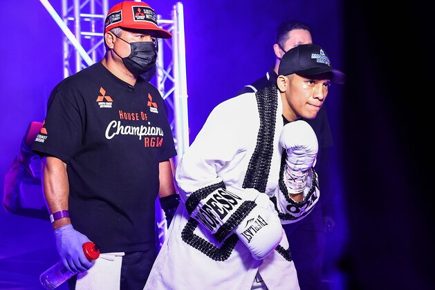 LAS VEGAS, NEVADA - JUNE 23: In this handout image provided by Top Rank, Joshua Franco is introduced before his WBA Super-Flyweight World Title fight against Andrew Moloney at MGM Grand Conference Center Grand Ballroom on June 23, 2020 in Las Vegas, Nevada. (Photo by Mikey Williams/Top Rank via Getty Images) LAS VEGAS, NEVADA - JUNE 23: In this handout image provided by Top Rank, Joshua Franco is introduced before his WBA Super-Flyweight World Title fight against Andrew Moloney at MGM Grand Conference Center Grand Ballroom on June 23, 2020 in Las Vegas, Nevada. (Photo by Mikey Williams/Top Rank via Getty Images)
