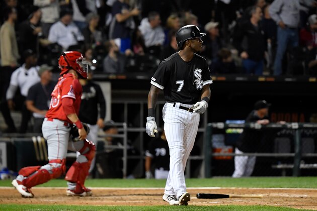 CHICAGO, ILLINOIS - SEPTEMBER 06: Tim Anderson #7 of the Chicago White Sox hits a two run home run in the fifth inning against the Los Angeles Angels of Anaheim at Guaranteed Rate Field on September 06, 2019 in Chicago, Illinois. (Photo by Quinn Harris/Getty Images)
