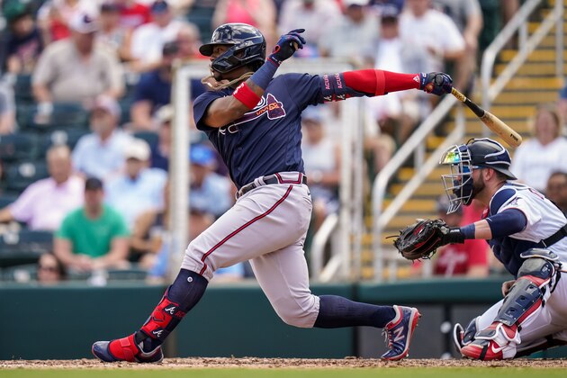 FORT MYERS, FL- MARCH 11: Ronald Acuna Jr. #25 of the Atlanta Braves bats during a spring training game between the Atlanta Braves and Minnesota Twins on March 11, 2020 at Hammond Stadium in Fort Myers, Florida. (Photo by Brace Hemmelgarn/Minnesota Twins/Getty Images) FORT MYERS, FL- MARCH 11: Ronald Acuna Jr. #25 of the Atlanta Braves bats during a spring training game between the Atlanta Braves and Minnesota Twins on March 11, 2020 at Hammond Stadium in Fort Myers, Florida. (Photo by Brace Hemmelgarn/Minnesota Twins/Getty Images)