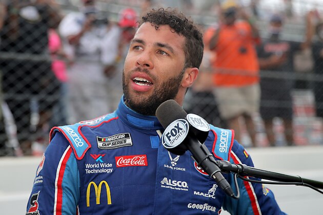 TALLADEGA, ALABAMA - JUNE 22:  Bubba Wallace, driver of the #43 Victory Junction Chevrolet, speaks to the media after the NASCAR Cup Series GEICO 500 at Talladega Superspeedway on June 22, 2020 in Talladega, Alabama. (Photo by Chris Graythen/Getty Images)