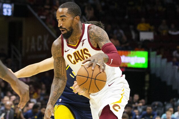 FILE - In this Oct. 8, 2018, file photo, Cleveland Cavaliers guard J.R. Smith (5) dribbles to the basket during the first quarter of a preseason NBA basketball game against the Indiana Pacers in Cleveland. Unhappy with his new role, Smith said he hopes the team trades him. Smith hasn’t formally requested a trade, but said Thursday, Nov. 1, 2018, that Cleveland’s front office knows he wants out.  (AP Photo/Scott R. Galvin, File)