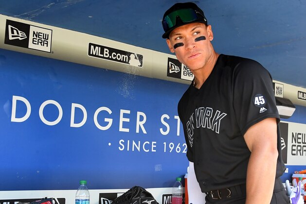 LOS ANGELES, CA - AUGUST 25: Aaron Judge #99 of the New York Yankees during the game against the Los Angeles Dodgers at Dodger Stadium on August 25, 2019 in Los Angeles, California. Teams are wearing special color schemed uniforms with players choosing nicknames to display for Players' Weekend. (Photo by Jayne Kamin-Oncea/Getty Images)