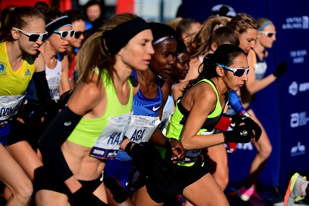 NEW YORK, NEW YORK - NOVEMBER 03: Desiree Linden of the the United States and athletes in the Women's Professional Division take off at the start of the TCS New York City Marathon on November 03, 2019 in New York City. (Photo by Emilee Chinn/Getty Images)