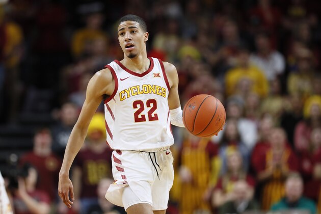 Iowa State guard Tyrese Haliburton drives up court during the second half of an NCAA college basketball game against Kansas, Wednesday, Jan. 8, 2020, in Ames, Iowa. Kansas won 79-53. (AP Photo/Charlie Neibergall)