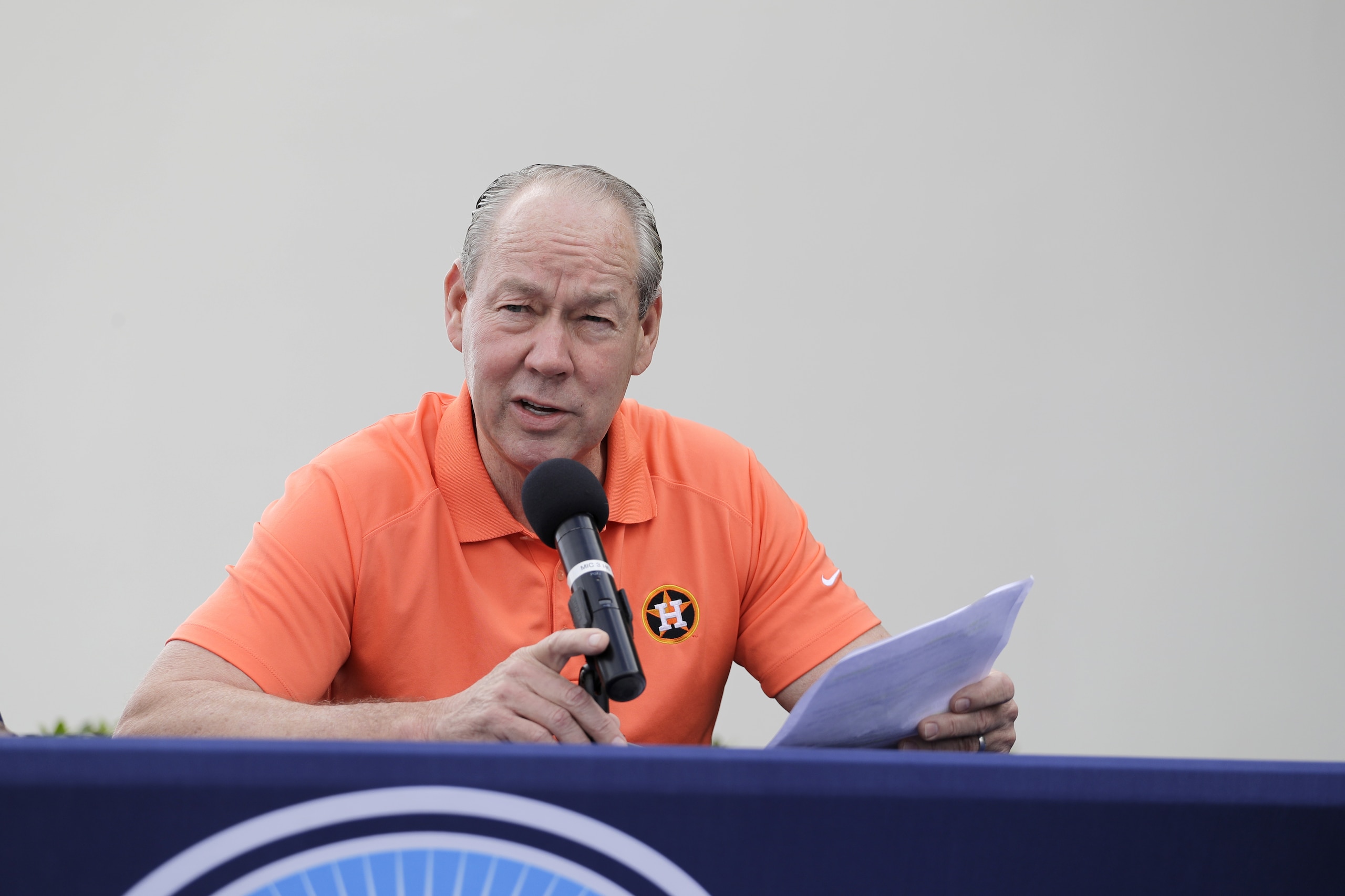 Houston Astros owner Jim Crane speaks during a news conference before the start of the first official spring training baseball practice for the team Thursday, Feb. 13, 2020, in West Palm Beach, Fla. (AP Photo/Jeff Roberson) ;