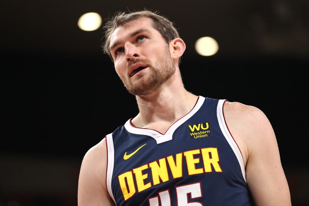 PORTLAND, OREGON - OCTOBER 08: Tyler Zeller #45 of the Denver Nuggets reacts against the Portland Trail Blazers in the first quarter during a preseason game at Veterans Memorial Coliseum on October 08, 2019 in Portland, Oregon. NOTE TO USER: User expressly acknowledges and agrees that, by downloading and or using this photograph, User is consenting to the terms and conditions of the Getty Images License Agreement (Photo by Abbie Parr/Getty Images)