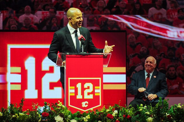 CALGARY, AB - MARCH 2: Jarome Iginla speaks to the crowd during the night his number twelve jersey will be retired prior to an NHL game against the Minnesota Wild at Scotiabank Saddledome on March 2, 2019 in Calgary, Alberta, Canada. (Photo by Derek Leung/Getty Images) CALGARY, AB - MARCH 2: Jarome Iginla speaks to the crowd during the night his number twelve jersey will be retired prior to an NHL game against the Minnesota Wild at Scotiabank Saddledome on March 2, 2019 in Calgary, Alberta, Canada. (Photo by Derek Leung/Getty Images)