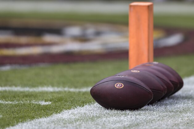 LANDOVER, MD - NOVEMBER 24: A general view of  official NFL footballs with Washington Redskins logos near the pylon before the game between the Washington Redskins and the Detroit Lions at FedExField on November 24, 2019 in Landover, Maryland. (Photo by Scott Taetsch/Getty Images)