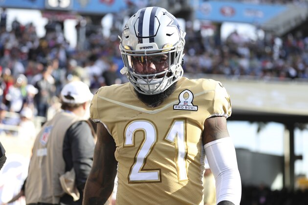 NFC running back Ezekiel Elliott, of the Dallas Cowboys, walks out onto the field before the second half of the NFL Pro Bowl football game against the AFC, Sunday, Jan. 26, 2020, in Orlando, Fla. (AP Photo/Steve Luciano) NFC running back Ezekiel Elliott, of the Dallas Cowboys, walks out onto the field before the second half of the NFL Pro Bowl football game against the AFC, Sunday, Jan. 26, 2020, in Orlando, Fla. (AP Photo/Steve Luciano)