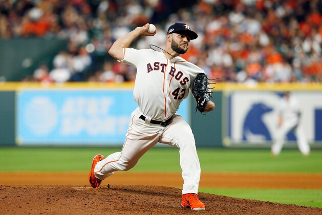 HOUSTON, TX - OCTOBER 17:  Lance McCullers Jr. #43 of the Houston Astros pitches in the eighth inning against the Boston Red Sox during Game Four of the American League Championship Series at Minute Maid Park on October 17, 2018 in Houston, Texas.  (Photo by Bob Levey/Getty Images)