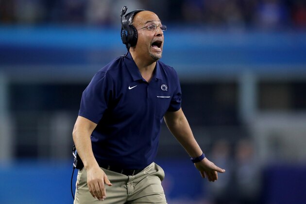ARLINGTON, TEXAS - DECEMBER 28: Head coach James Franklin of the Penn State Nittany Lions leads his team against the Memphis Tigers in the second half of the Goodyear Cotton Bowl Classic at AT&T Stadium on December 28, 2019 in Arlington, Texas. (Photo by Tom Pennington/Getty Images)
