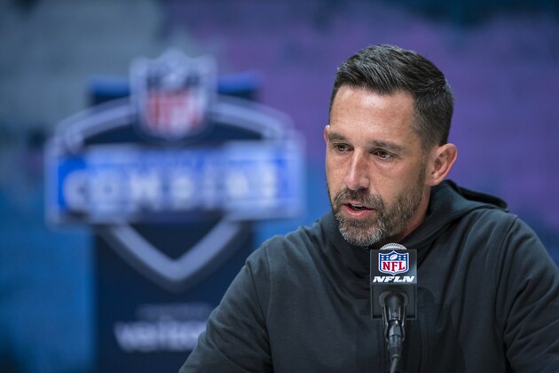 INDIANAPOLIS, IN - FEBRUARY 25: Head coach Kyle Shanahan of the San Francisco 49ers speaks to the media at the Indiana Convention Center on February 25, 2020 in Indianapolis, Indiana. (Photo by Michael Hickey/Getty Images) *** Local Capture *** Kyle Shanahan