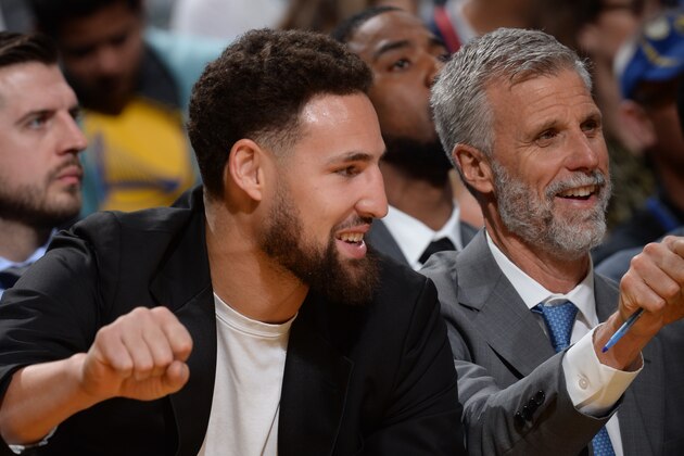 SAN FRANCISCO, CA - MARCH 10: Klay Thompson #11 of the Golden State Warriors smiles during the game against the LA Clippers on March 10, 2020 at Chase Center in San Francisco, California. NOTE TO USER: User expressly acknowledges and agrees that, by downloading and or using this photograph, user is consenting to the terms and conditions of Getty Images License Agreement. Mandatory Copyright Notice: Copyright 2020 NBAE (Photo by Noah Graham/NBAE via Getty Images)