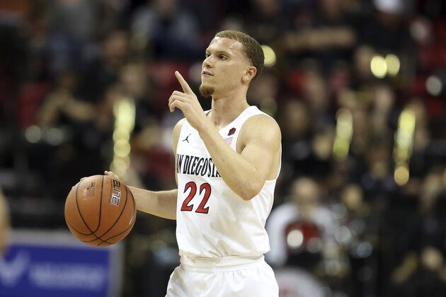 San Diego Malachi Flynn plays against Boise State during the first half of a Mountain West Conference tournament NCAA college basketball game Friday, March 6, 2020, in Las Vegas. (AP Photo/Isaac Brekken)