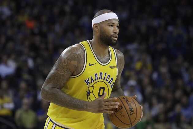 Golden State Warriors center DeMarcus Cousins (0) against the Denver Nuggets during an NBA basketball game in Oakland, Calif., Tuesday, April 2, 2019. (AP Photo/Jeff Chiu)
