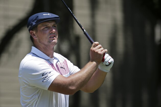 Bryson DeChambeau hits off the second tee during the final round of the RBC Heritage golf tournament, Sunday, June 21, 2020, in Hilton Head Island, S.C. (AP Photo/Gerry Broome)