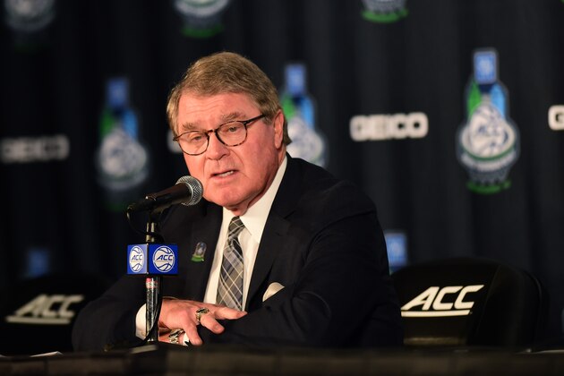 GREENSBORO, NORTH CAROLINA - MARCH 12: ACC Commissioner John Swofford speaks with the media prior to the quarterfinals round of the 2020 Men's ACC Basketball Tournament at Greensboro Coliseum on March 12, 2020 in Greensboro, North Carolina. Swofford addressed the Coronavirus (COVID-19) and the impact it will have on the remainder of the ACC Tournament. (Photo by Jared C. Tilton/Getty Images)