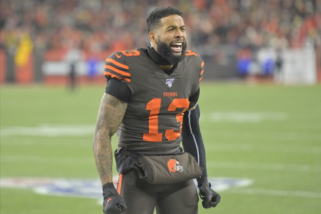 Cleveland Browns wide receiver Odell Beckham Jr. (13) celebrates in the second quarter of an NFL football game against the Pittsburgh Steelers, Thursday, Nov. 14, 2019, in Cleveland. The Browns won 21-7. (AP Photo/David Richard)