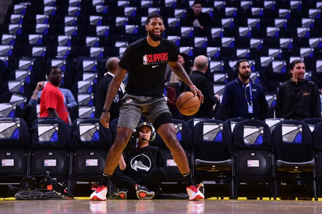 SAN FRANCISCO, CA - MARCH 10: Paul George #13 of the LA Clippers smiles prior to a game against the Golden State Warriors on March 10, 2020 at Chase Center in San Francisco, California. NOTE TO USER: User expressly acknowledges and agrees that, by downloading and or using this photograph, user is consenting to the terms and conditions of Getty Images License Agreement. Mandatory Copyright Notice: Copyright 2020 NBAE (Photo by Noah Graham/NBAE via Getty Images)