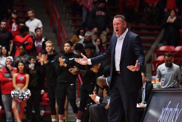 ALBUQUERQUE, NEW MEXICO - DECEMBER 17:  Head coach Dan Majerle of the Grand Canyon Lopes reacts during his team's game against the the New Mexico Lobos at Dreamstyle Arena - The Pit on December 17, 2019 in Albuquerque, New Mexico.  (Photo by Sam Wasson/Getty Images)