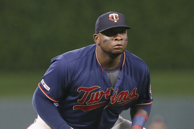 Minnesota Twins third baseman Miguel Sano stands ready against the Chicago White Sox in a baseball game Wednesday, Sept. 18, 2019, in Minneapolis. (AP Photo/Jim Mone)