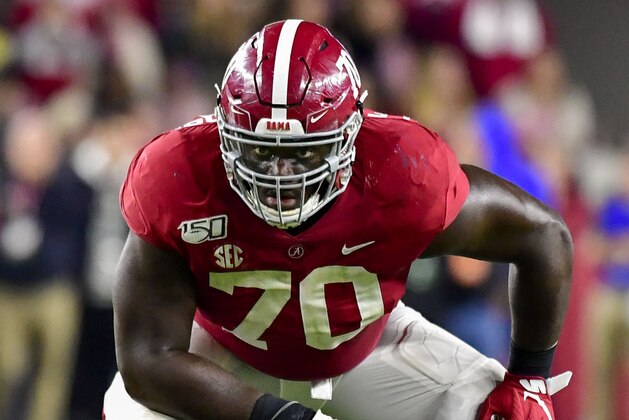 Alabama offensive lineman Alex Leatherwood (70) gets set against LSU during the second half of an NCAA football game Saturday, Nov. 9, 2019, in Tuscaloosa, Ala. LSU won 46-41. (AP Photo/Vasha Hunt) Alabama offensive lineman Alex Leatherwood (70) gets set against LSU during the second half of an NCAA football game Saturday, Nov. 9, 2019, in Tuscaloosa, Ala. LSU won 46-41. (AP Photo/Vasha Hunt)