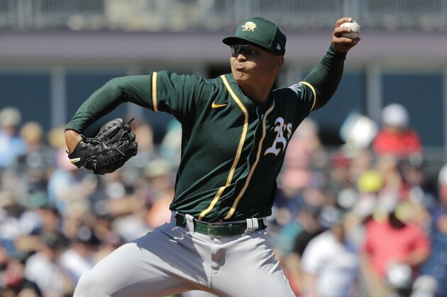 Oakland Athletics starting pitcher Jesus Luzardo throws against the Seattle Mariners in the first inning during a spring training baseball game Saturday, March 7, 2020, in Peoria, Ariz. (AP Photo/Elaine Thompson)