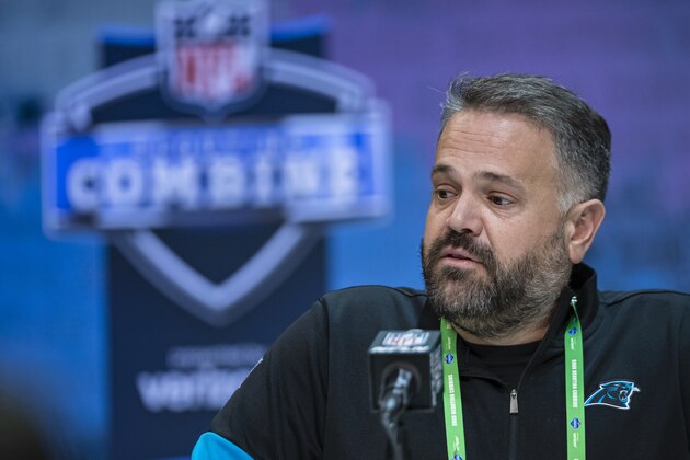 INDIANAPOLIS, IN - FEBRUARY 25: Head coach Matt Rhule fo the Carolina Panthers speaks to the media at the Indiana Convention Center on February 25, 2020 in Indianapolis, Indiana. (Photo by Michael Hickey/Getty Images) *** Local Capture *** Matt Rhule