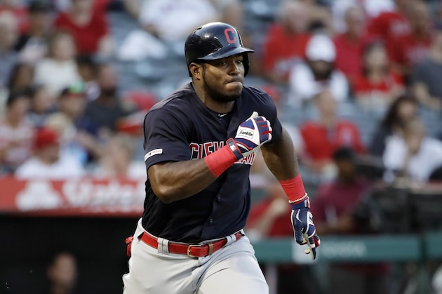 Cleveland Indians' Yasiel Puig runs against the Los Angeles Angels during a baseball game Wednesday, Sept. 11, 2019, in Anaheim, Calif. (AP Photo/Marcio Jose Sanchez)