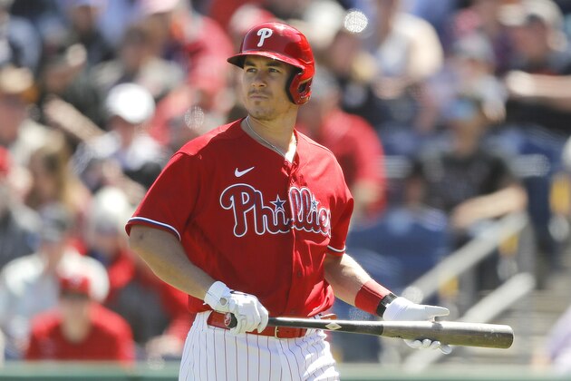 CLEARWATER, FLORIDA - MARCH 07: J.T. Realmuto #10 of the Philadelphia Phillies reacts after striking out against the Boston Red Soxof a Grapefruit League spring training game on March 07, 2020 in Clearwater, Florida. (Photo by Michael Reaves/Getty Images) CLEARWATER, FLORIDA - MARCH 07: J.T. Realmuto #10 of the Philadelphia Phillies reacts after striking out against the Boston Red Soxof a Grapefruit League spring training game on March 07, 2020 in Clearwater, Florida. (Photo by Michael Reaves/Getty Images)