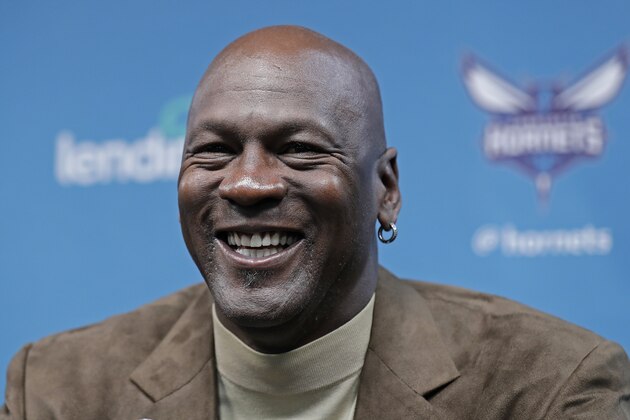 Charlotte Hornets owner Michael Jordan speaks to the media about hosting the NBA All-Star basketball game during a news conference in Charlotte, N.C., Tuesday, Feb. 12, 2019. (AP Photo/Chuck Burton)