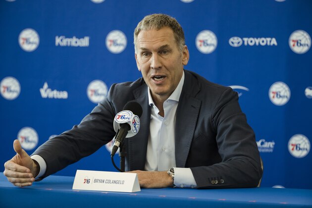 Philadelphia 76ers President of Basketball Operations Bryan Colangelo speaks with members of the media during a news conference at the NBA basketball team's practice facility in Camden, N.J., Friday, May 11, 2018. (AP Photo/Matt Rourke)