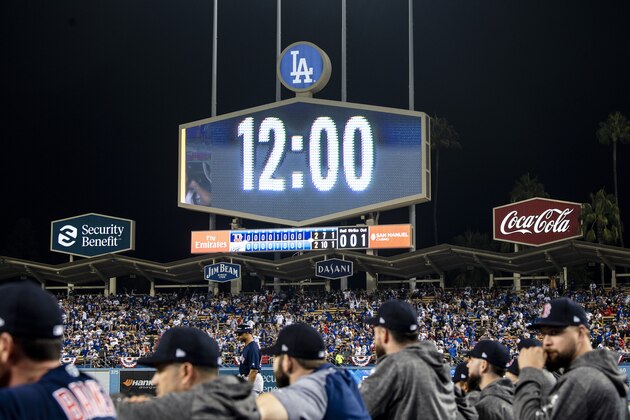 LOS ANGELES, CA - OCTOBER 26: The scoreboard displays the time as it turns to midnight during game three of the 2018 World Series between the Boston Red Sox and the Los Angeles Dodgers on October 26, 2018 at Dodger Stadium in Los Angeles, California. (Photo by Billie Weiss/Boston Red Sox/Getty Images)