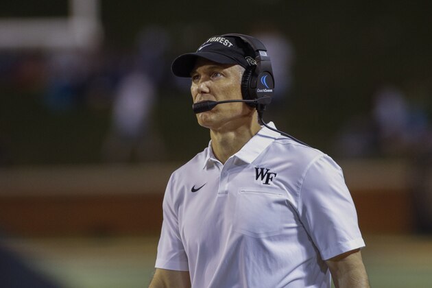 Wake Forest head coach Dave Clawson watches his team against Louisville in the second half of an NCAA college football game in Winston-Salem, N.C., Saturday, Oct. 12, 2019. Louisville won 62-59. (AP Photo/Nell Redmond)