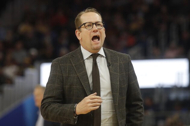 Toronto Raptors head coach Nick Nurse yells toward players during the second half of his team's NBA basketball game against the Golden State Warriors in San Francisco, Thursday, March 5, 2020. (AP Photo/Jeff Chiu)