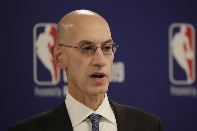 NBA Commissioner Adam Silver speaks at a news conference before an NBA preseason basketball game between the Houston Rockets and the Toronto Raptors Tuesday, Oct. 8, 2019, in Saitama, near Tokyo. (AP Photo/Jae C. Hong)